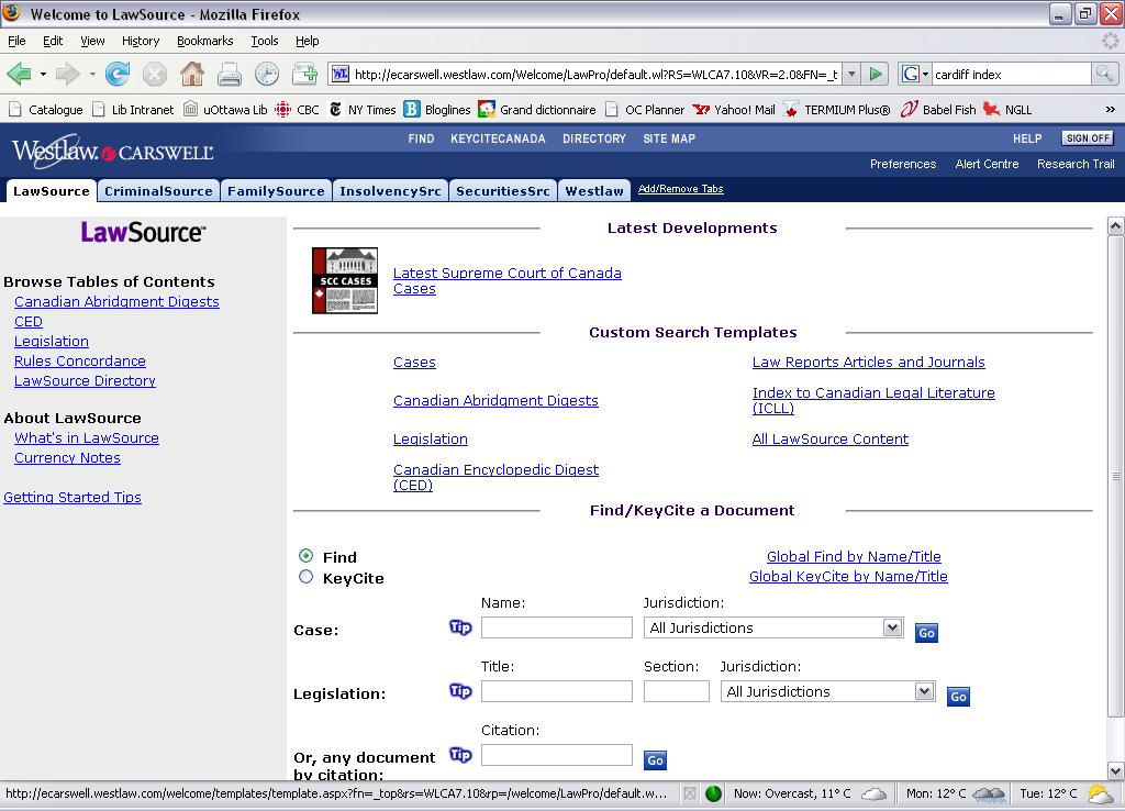 Examples of Online Indexes: Index to Canadian Legal Literature via WestlaweCarswell a component
