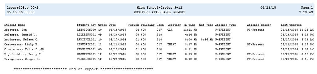 Reporting Generating this report can assist in reviewing attendance taken via Positive Attendance.
