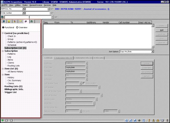 Figure 1: Subscription When you click the Add or Duplicate button on the Subscription List, the focus is transferred to the lower pane. Tabs 2 and 3 contain the Subscription Information form.