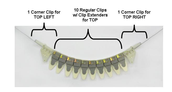 Attach 12 clips to the top cable. Top Clips: 2 corner clips and 10 regular clips w/ clip extenders for a total of 12 clips as shown. This concludes the cable and clip installation guide.
