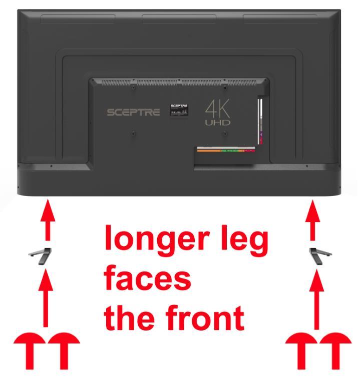ATTACHING & REMOVING THE BASE 1. To install the feet of the TV, lay the TV flat on a table. Afterwards obtain the two display feet that are labeled L for left and R for right.