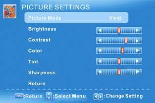 1. Press MENU to open the OSD. 2. Press or to select PICTURE and press OK. 3. Use or to select the one you want to adjust and or or OK to adjust them.