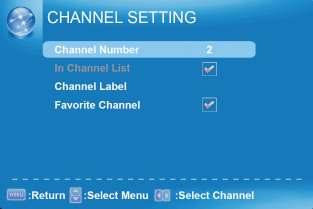 III. CHANNEL SETTING i. CHANNEL NUMBER This feature shows the channel number. ii. IN CHANNEL LIST This feature tells you if you have chosen for channel to be skipped. iii.