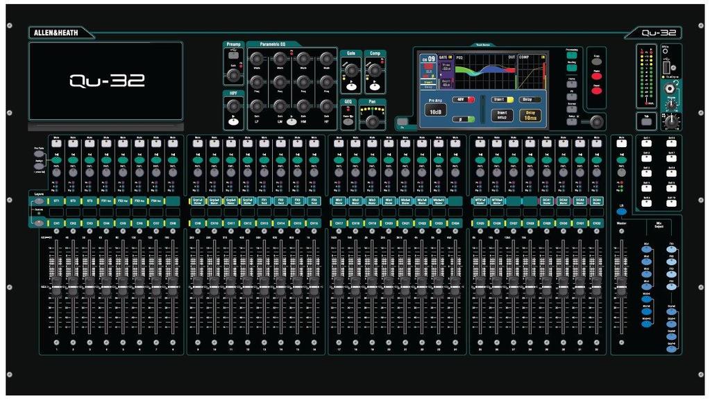 Qu32 4 Group masters Larger Touch Screen 2 Matrix masters 4 DCA Group masters 32 fader strips Extra 2 Group Mix selects QuPac QuPac is the mix engine of the Qu32 in a compact rack
