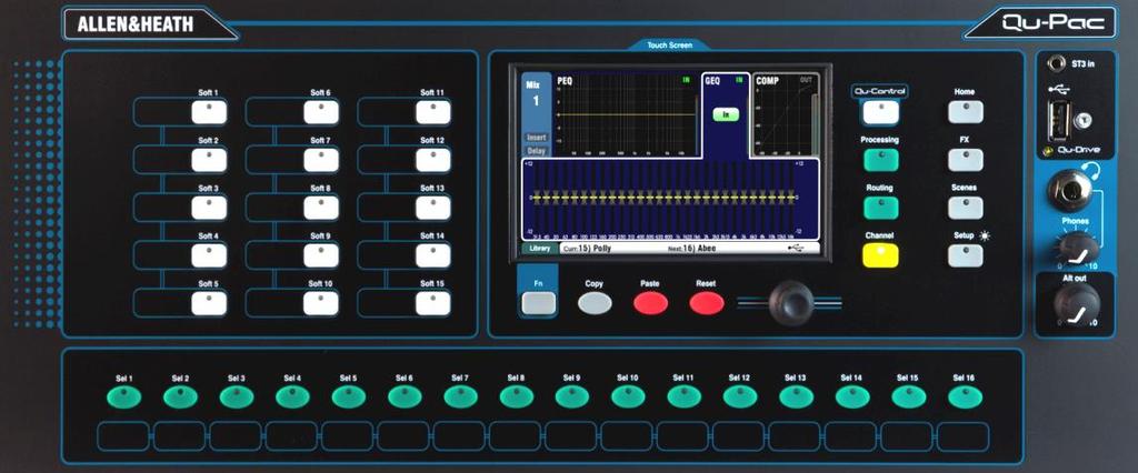 Screen rotary control Channel select Virtual fader strip Mix select Touch Screen All live mixing, setup and memory management functions can be controlled from the QuPac front panel.