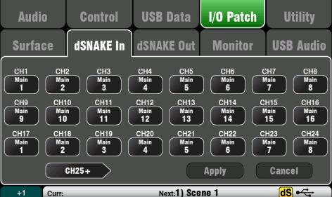 dsnake = Remote preamp from AudioRacks. QuDrv = Playback from USB hard drive. USB B = Audio streaming from a Mac computer. Touch the CH buttons to highlight those you wish to change.