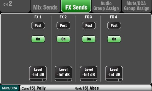 The channel can be assigned (routed) On or Off to each mix. Touch the Level and Pan buttons and use the screen rotary to adjust their settings.