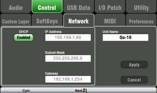 providing remote control using the QuPad ipad app. DHCP Enable this if the connected device has DHCP capability and is therefore able to automatically allocate a compatible IP address to the mixer.