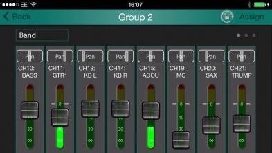 Touch to select a Mix Channels can be assigned to up to 4 local groups, each with its own thumbwheel level control. Double tap a wheel to access its channel levels, pan and meters.