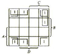 Figure 2.6 Map for F(A,B,C,D) = (0,1,2,6,8,9,10) The area in the map covered by this four variable consists of the squares marked with 1 s in fig 1.10. The function contains 1 s in the four corners that when taken as groups give the term B D.