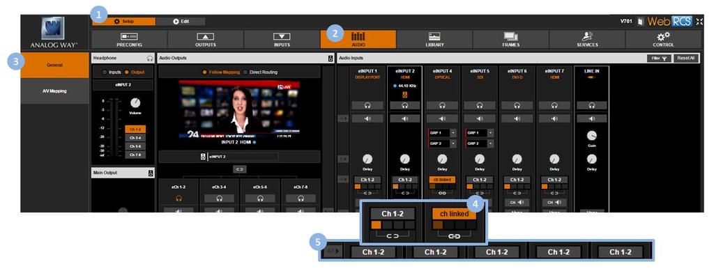 3. In the left side toolbar, select General to access the audio inputs and outputs setup page. NOTE: You can also access the audio outputs setup page via the A/V Mapping tab. USER MANUAL 4.