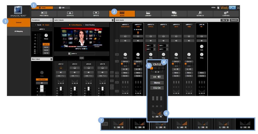 4. Under Audio Inputs (right side window), locate the input to adjust and click on the Ch 1-2/Ch linked button if required to link/unlink channel pairs: Click on the Ch 1-2 button to link channel
