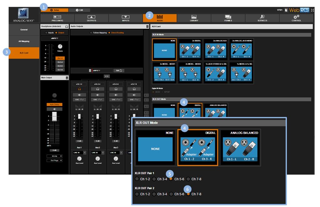 3. In the left side toolbar, select the XLR Card tab to access the XLR audio inputs and outputs setup page. 4. Under the XLR card section (right-side window), select the XLR Output Mode.