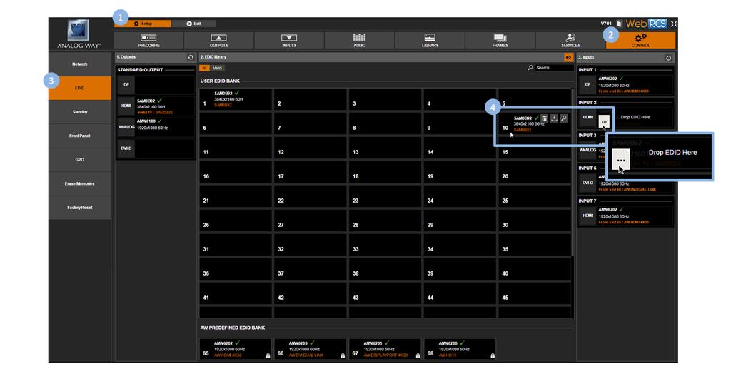 To reset the EDID of an input: 1. Enter the CUSTOMIZE menu in the interface. 2. Scroll down and select EDID Manager to access the EDID management menu. 3.