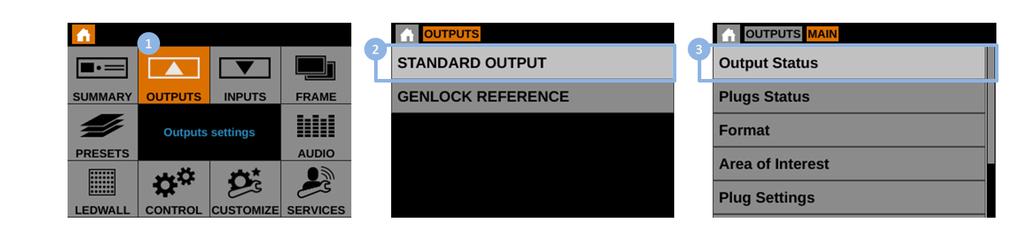 To check the status of your outputs: 1. Enter the OUTPUTS menu on the interface. 2. Select STANDARD OUTPUT to access the standard output setup menu. 3.