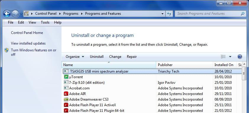 Program/uninstall a program item, you will find the TSA5G35 USB mini spectrum analyzer program in