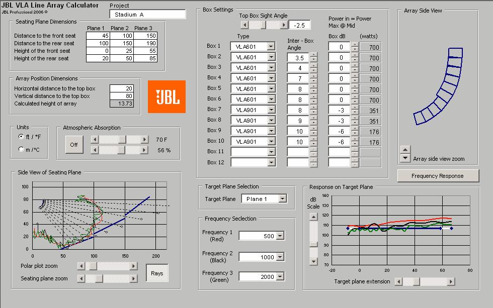 Figure 14: JBL VLA Calculator The JBL VLA calculator allows the designer to enter a seating section of the venue and input a JBL VLA SERIES array consisting of any combination of elements.