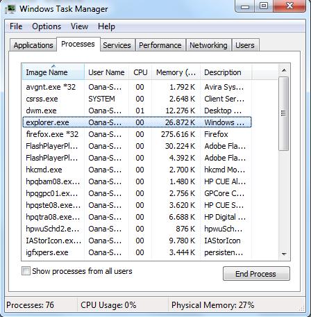 Cantitatea de memorie folosită Cu opţiunea View -> Select Columns se pot selecta şi alte câmpuri Câteva procese cunoscute ale sistemului Explorer Winlog Csrss Svchost Procese cunoscute ale sistemului