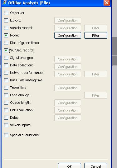 Figure 8. VISSIM evaluation output options. b. Check the option Node as shown in Figure 9 and click on the Configuration button adjacent to the Node option.