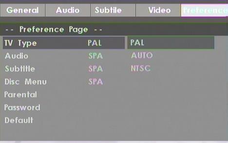 Preference Page TV Type Specifies the standard used for the video output's color signals. PAL: Broadcast system used in Europe. Your TV will receive this signal if you select "PAL TV ".