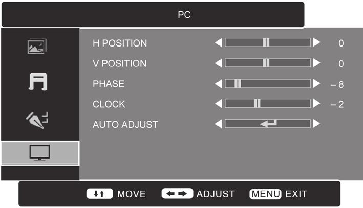 Customising the TV Settings (PC Mode) Allows you to adjust the PC desktop content. 1. Press the MENU button and then use the buttons to select the PC menu and then press the button. 2.