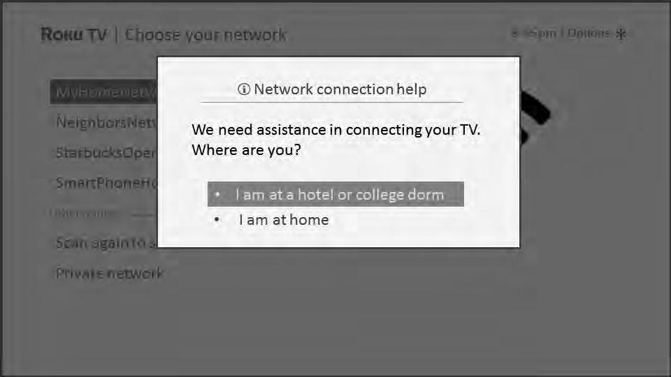 Using your TCL Roku TV on a hotel or dorm room network requires wireless availability and a network-connected smartphone, tablet, or computer to authenticate access to your wireless access point.