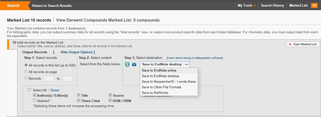 Importing references to EndNote Conduct a search and mark some relevant references by ticking the check boxes Click on the Add to Marked List button.