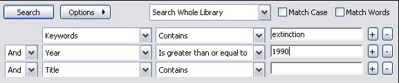 Select Is greater than or equal to from the Contains drop-down menu Enter 2000 in the search box The search example below is for references containing the word extinction, published since 1990: In