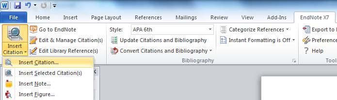 Insert citation will open a window where you can Search EndNote for the reference you require. Highlight the appropriate reference then click on Insert.