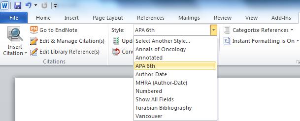 Alternatively: Click on the Go to EndNote option Highlight your chosen reference from within your EndNote library Click on the Insert Citation button Save your document.