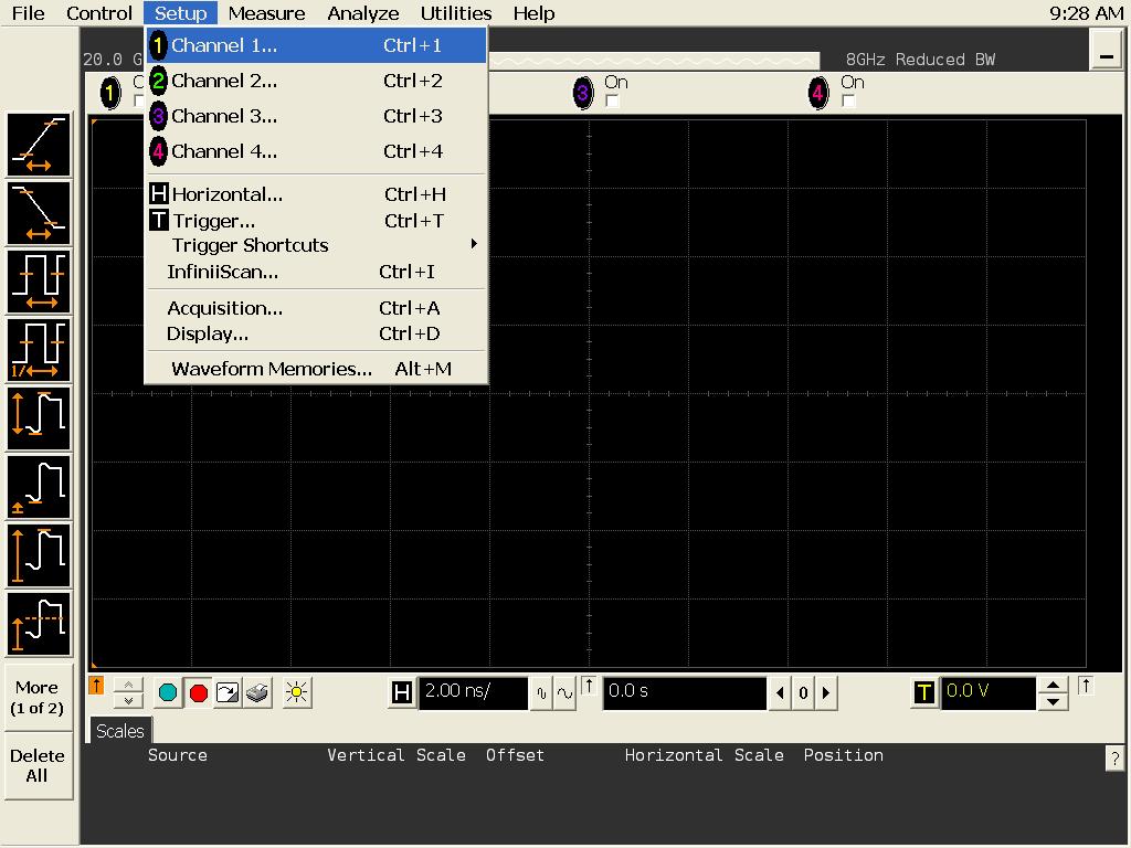 A Calibrating the Infiniium Oscilloscope and Probe Running the Probe Calibration and Deskew 1 On the Infiniium oscilloscope in the Setup menu, select the channel connected to the probe, as shown in