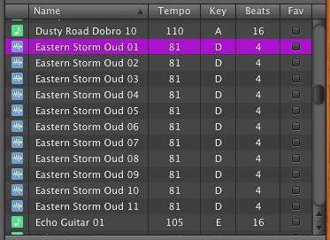 Below is a picture of the Loops Library in GarageBand. Related loops are those that share the same name. Notice the list of Eastern Storm Oud and how the loops are labeled by number 01, 02, 03, etc.
