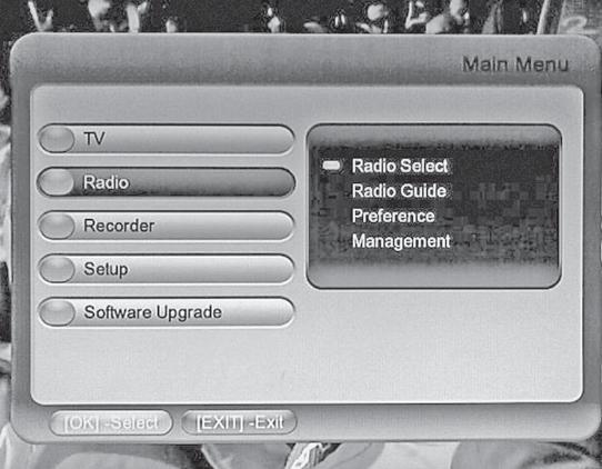 2. Radio Menu Press [CH +/-, ] buttons to move cursor and highlight selection {Radio Select},{Radio Guide},{Preference} Fig.10.2.1 2a.
