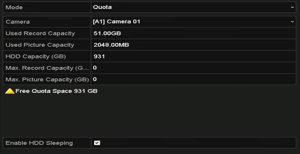 13.4 Configuring Quota Mode Purpose Each camera can be configured with allocated quota for the storage of recorded files. Steps 1. Enter the Storage Mode interface. Menu > HDD > Advanced 2.