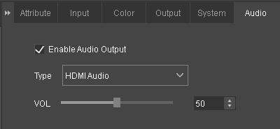 7.5.6 Audio Settings Set whether to output the audio signal; There are two audio types including HDMI Audio and External Audio ; Adjust the volume by clicking and dragging the slider at the right