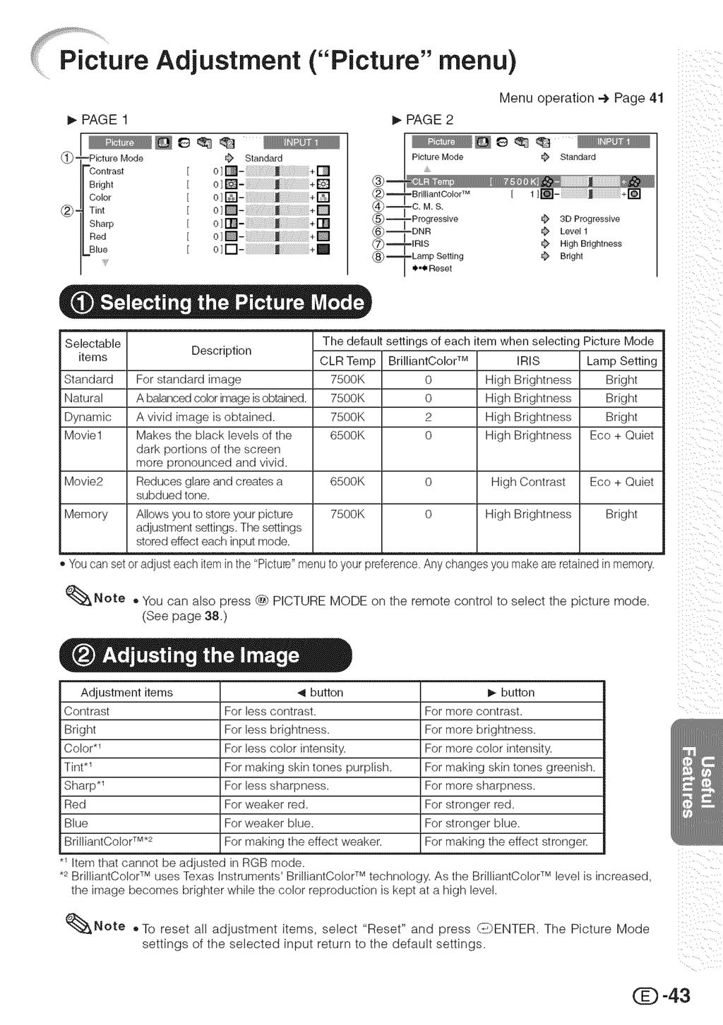 Pcture Adjustment ("Pcture" menu) l_ PAGE 1 PAGE 2 Menu operaton.-.