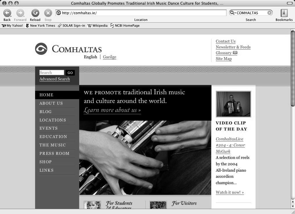 162 Comhaltas mission or motto: on the main page, in the Google tagline, in the page s title, the site highlighted the global promotion of traditional Irish culture. Image 8.
