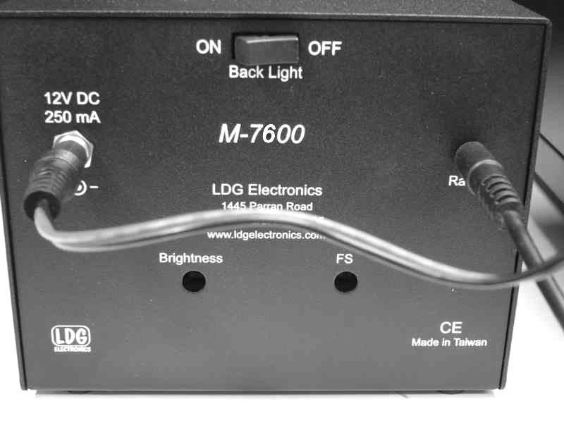 The meter jack on the IC-7600 is located on the rear panel, between the Key jack and the USB port. Plug one end of the included 1/8 mono cable into the meter jack.