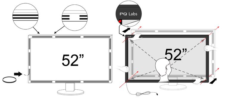 Fasten the Multi-Touch Overlay on the monitor using 3M double-sided tape (Two rows on each side and leave space at intervals for