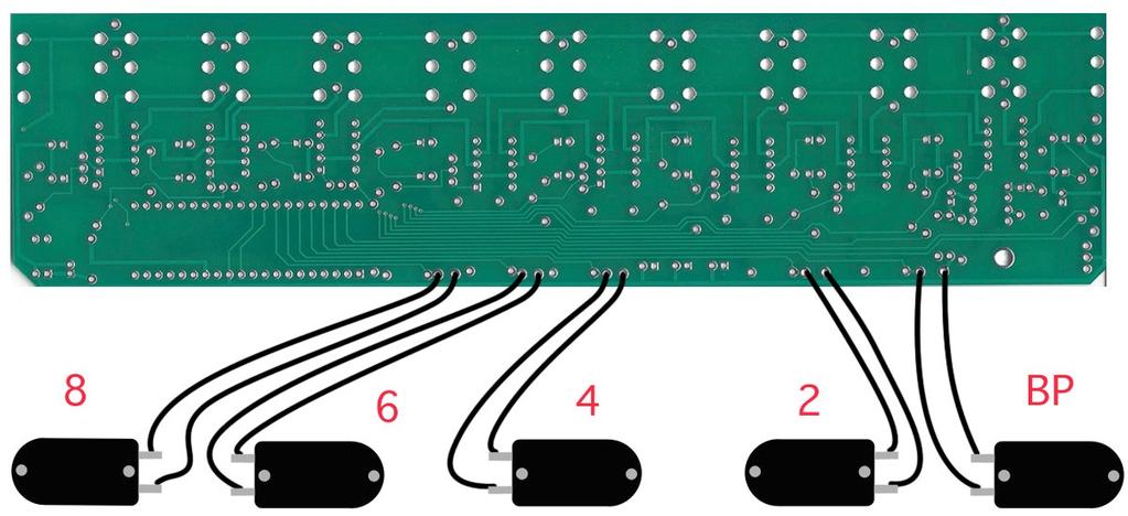 Step 11: Connect the foot switches to the bottom side of the PCB as shown in the diagram below. Use 2.5 (6,5cm) wire to connect foot switch BP and 2.