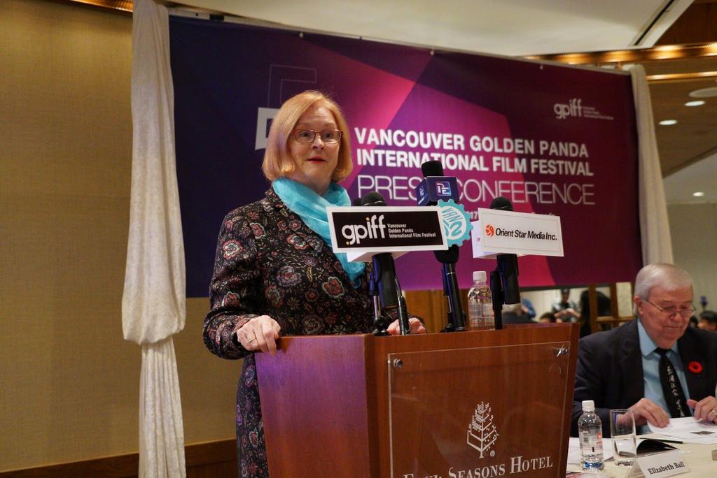 Elizabeth Ball, Vancouver city councillor, congratulates GPIFF on behalf of Vancouver City Council Led by Jiang Ping, Chinese director, vice chairman and general manager of China Film Co.