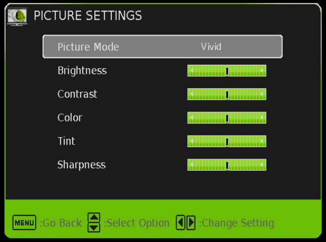 1. Press MENU to open the OSD. 2. Press or to select PICTURE and press ENTER. 3. Use or to select the one you want to adjust and or or ENTER to adjust them. I. PICTURE SETTINGS II. III. IV. i.