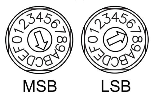 To assign a Device ID of hex 07, turn the LSB switch to 7 and leave the MSB switch on 0. To create an ID of hex B7, turn the LSB switch to 7 and turn the MSB switch to B.