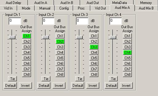 When an 8415 Audio Processor submodule is installed, use the Aud Mix A and B menus shown next to control the audio mixing and shuffling of the module.