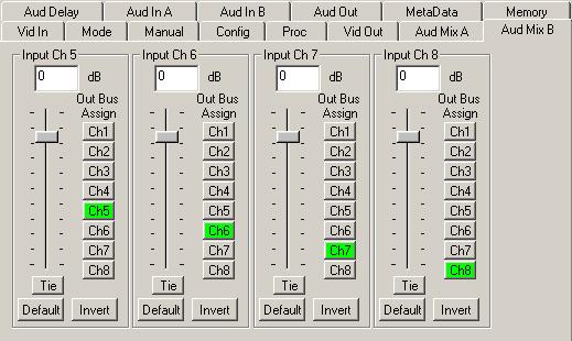 For Channels 5 8, use the Audio Mix B menu shown below to set the following Input Ch 5 assign Input Channel 5 to the desired output bus or tie to Channel 6.