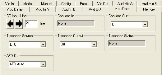 The MetaData menu reports or provides settings for the following closed captioning and timecode parameters: CC Input Line You do not need to set the value for this control.
