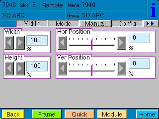 When Manual is selected in the previous Mode menu, the Manual menu becomes active and you may set the aspect ratio output of the SD output as desired with the following controls: Width set the width