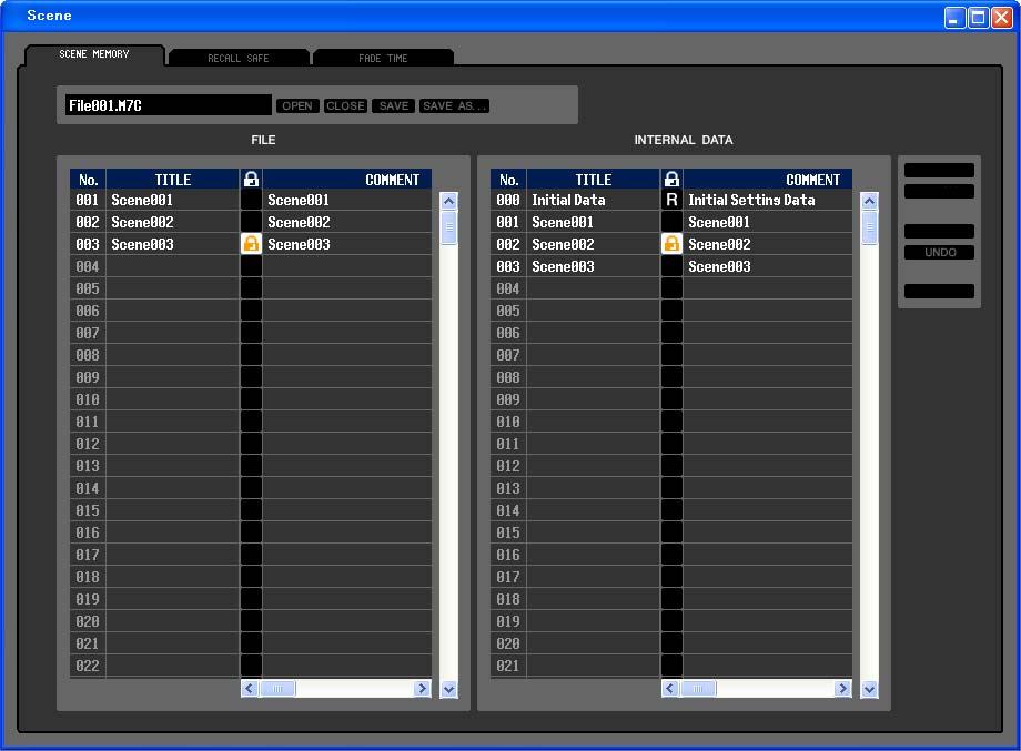Scene window Here you can manage scene memories, and make various settings related to scene recall operations.