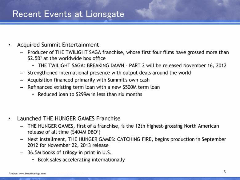 Recent Events at Lionsgate Acquired Summit Entertainment Producer of THE TWILIGHT SAGA franchise, whose first four films have grossed more than $2.