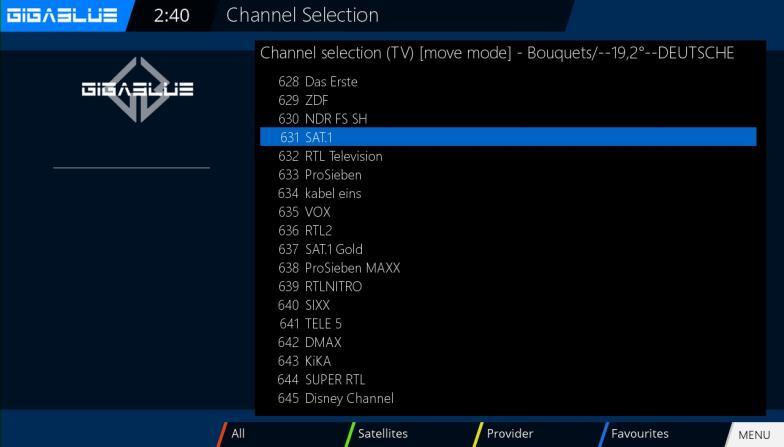 Operation of GigaBlue Box Move channels from the favorites list Use the arrow keys to enter the channel list.